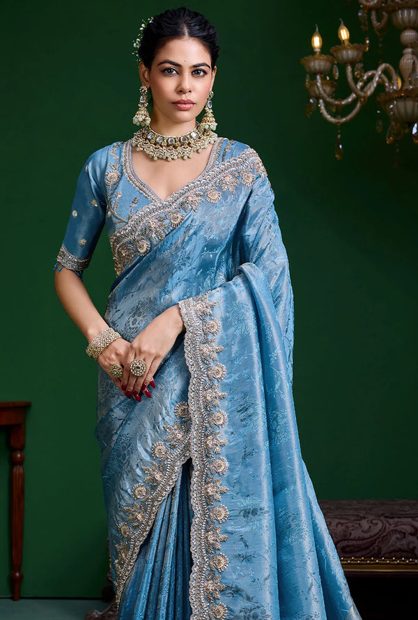 Ice Blue Premium Tissue Designer Saree highlighting an exquisite stitched readymade blouse for wedding | BharatPlaza