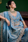Ice Blue Premium Tissue Designer Saree showcasing elegant shimmering fabric for wedding & festive wear | BharatPlaza