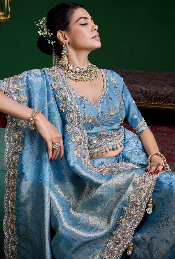 Ice Blue Premium Tissue Designer Saree showcasing elegant shimmering fabric for wedding & festive wear | BharatPlaza