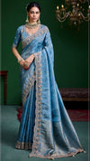 Ice Blue Premium Tissue Designer Saree featuring delicate beadwork border for wedding & festive wear | BharatPlaza