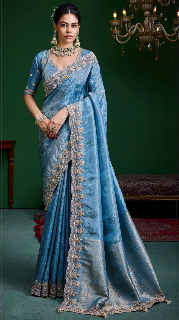 Ice Blue Premium Tissue Designer Saree featuring delicate beadwork border for wedding & festive wear | BharatPlaza