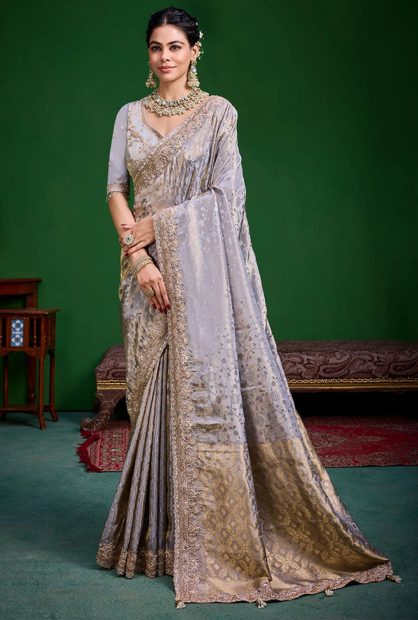 Silver Grey Premium Tissue Designer Saree featuring elegant shimmering weaving for wedding & festive wear | BharatPlaza