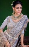 Silver Grey Premium Tissue Designer Saree showcasing stunning beadwork border for wedding & festive wear | BharatPlaza