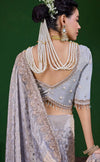 Silver Grey Premium Tissue Designer Saree highlighting exquisite back beadwork blouse for wedding wear | BharatPlaza