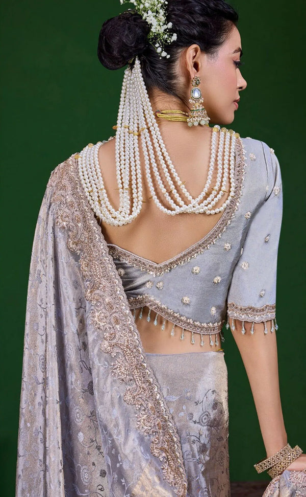 Silver Grey Premium Tissue Designer Saree highlighting exquisite back beadwork blouse for wedding wear | BharatPlaza