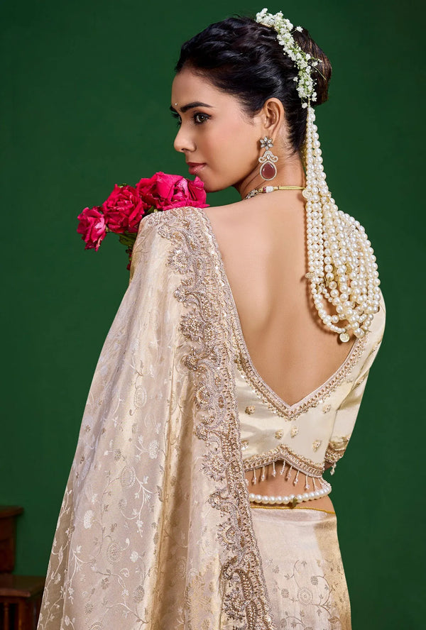 Champagne Gold Premium Tissue Designer Saree highlighting the back stitched blouse for wedding & festive wear | BharatPlaza