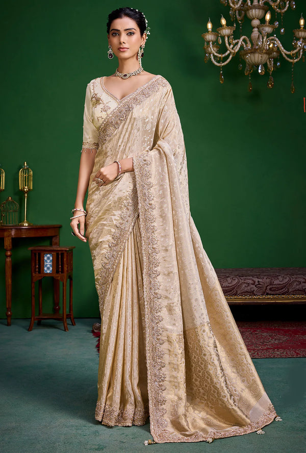 Champagne Gold Premium Tissue Designer Saree featuring elegant weaving details for wedding & festive wear | BharatPlaza