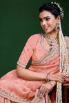 Peach Pink Premium Tissue Designer Saree highlighting an exquisite stitched readymade blouse for wedding wear | BharatPlaza