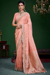 Peach Pink Premium Tissue Designer Saree showcasing elegant heavy beadwork border for wedding & festive wear | BharatPlaza