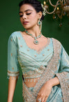 Aqua Blue Premium Tissue Designer Saree featuring exquisite stitched readymade blouse for festive wear | BharatPlaza