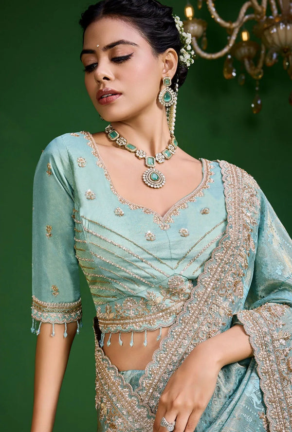 Aqua Blue Premium Tissue Designer Saree featuring exquisite stitched readymade blouse for festive wear | BharatPlaza