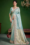Aqua Blue Premium Tissue Designer Saree showcasing elegant beadwork border for wedding & festive wear | BharatPlaza