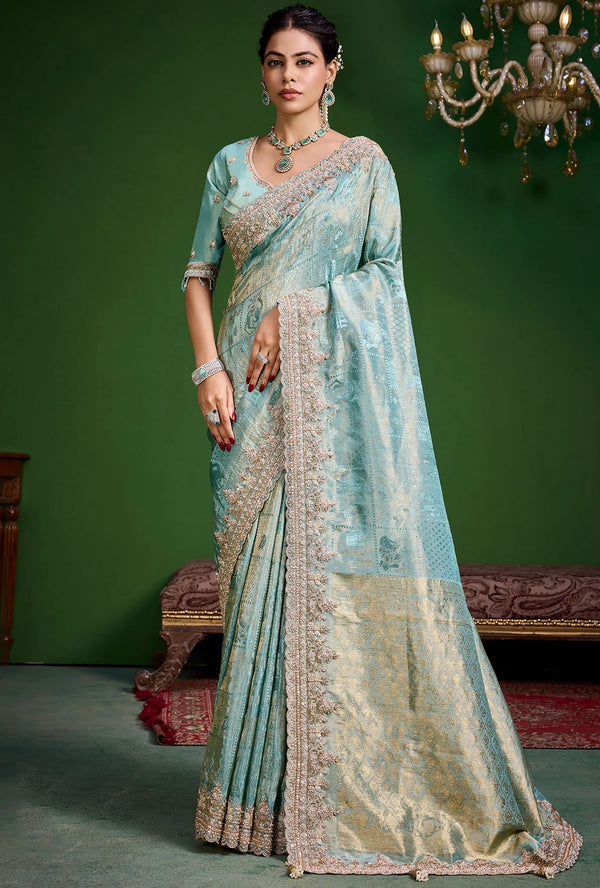 Aqua Blue Premium Tissue Designer Saree showcasing elegant beadwork border for wedding & festive wear | BharatPlaza