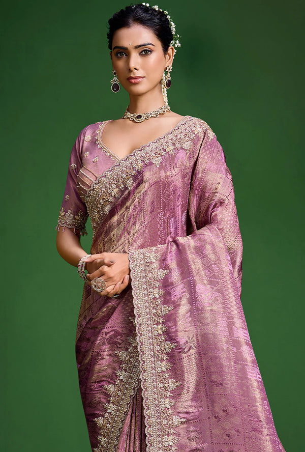 Mauve Purple Premium Tissue Designer Saree featuring shimmering woven fabric for luxury wedding celebrations | BharatPlaza