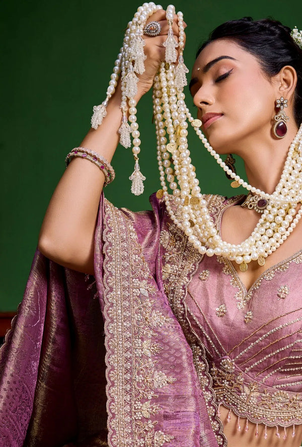 Mauve Purple Premium Tissue Designer Saree showcasing a heavy beadwork readymade blouse for festive wear | BharatPlaza