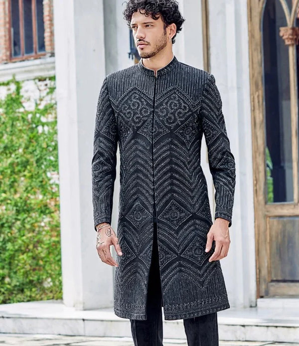 Black Suede Designer Sherwani with Embroidery for Wedding