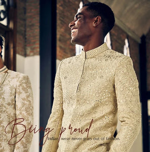 Beige Silk Sherwani with Dense Resham Embroidery & Mirror Highlights - Bharat Plaza