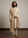 customized royal beige sherwani with embroidered waist-belt and stole groom wear Melbourne bharatplaza