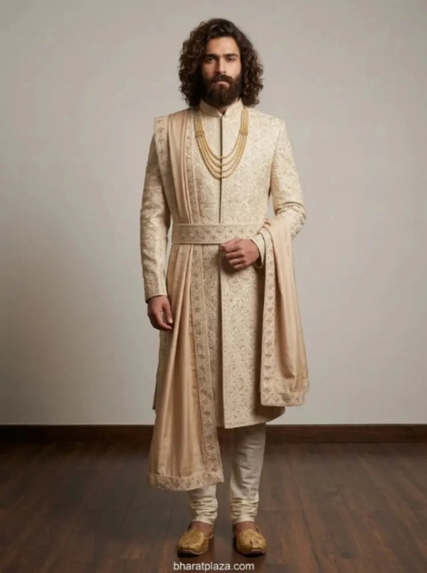 customized royal beige sherwani with embroidered waist-belt and stole groom wear Melbourne bharatplaza