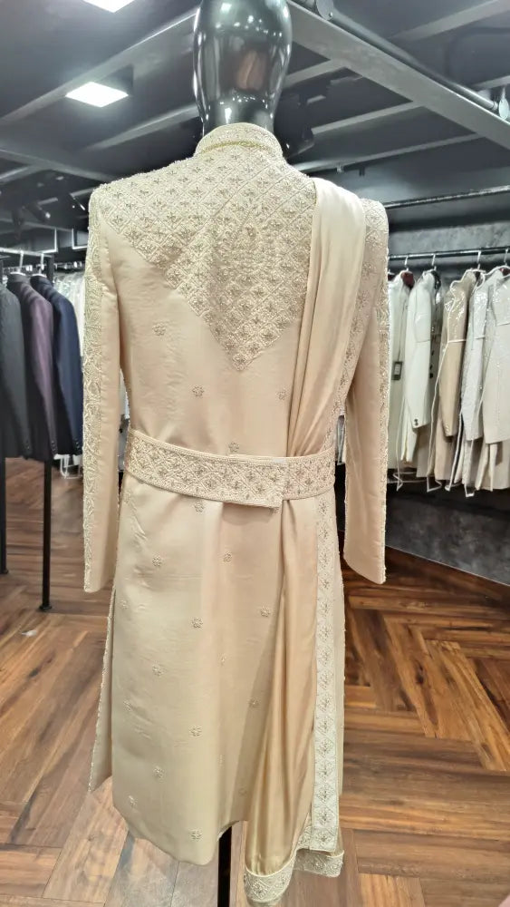 royal beige embroidered sherwani for groom in Leicester, UK, premium ethnic wear bharatplaza