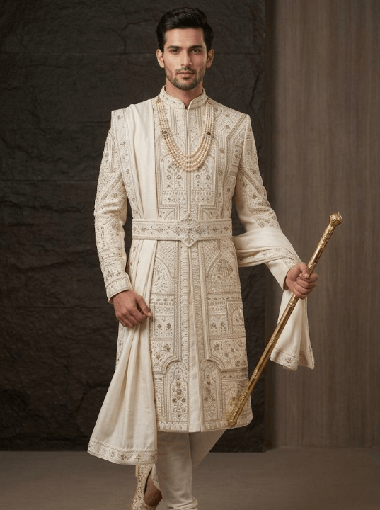 luxury cream sherwani with stole and churidar wedding groom outfit in Chicago and San-Francisco