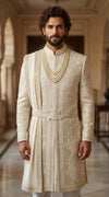 premium ivory sherwani with dupatta and belt groom wedding wear worldwide delivery bharatplaza