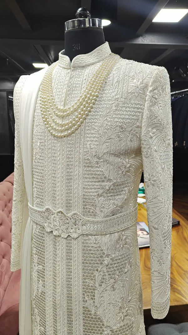 live designer ivory sherwani for men royal groom outfit premium ethnic wear bharatplaza