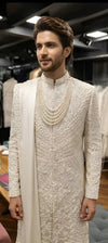 Off-White Silk Sherwani with Real Resham & Beads Handwork