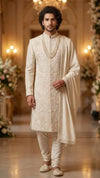 Luxury men's wedding sherwani with intricate self-resham floral work | BharatPlaza