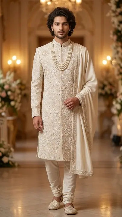 Luxury men's wedding sherwani with intricate self-resham floral work | BharatPlaza