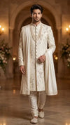 Handcrafted Traditional Ivory Silk Wedding Sherwani - Royal Groom Collection