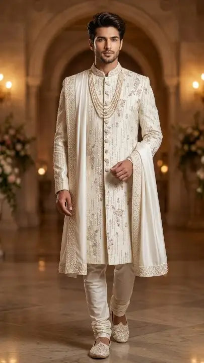 Handcrafted Traditional Ivory Silk Wedding Sherwani - Royal Groom Collection