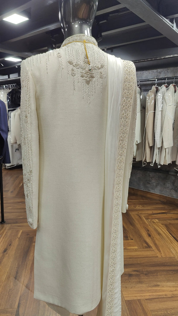 Handcrafted Traditional Ivory Silk Wedding Sherwani - Royal Groom Collection