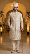 Intricate Tikki Sequins and Resham embroidery on Designer Silk Sherwani | BharatPlaza