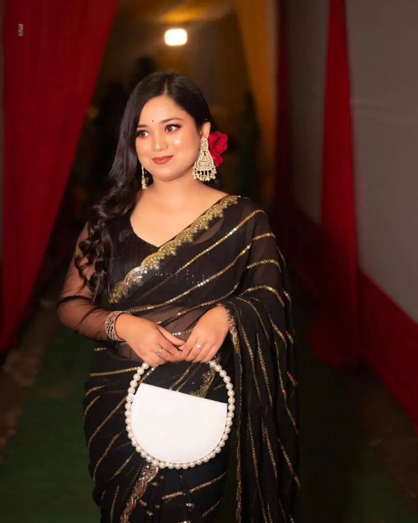 Designer black golden sequins saree