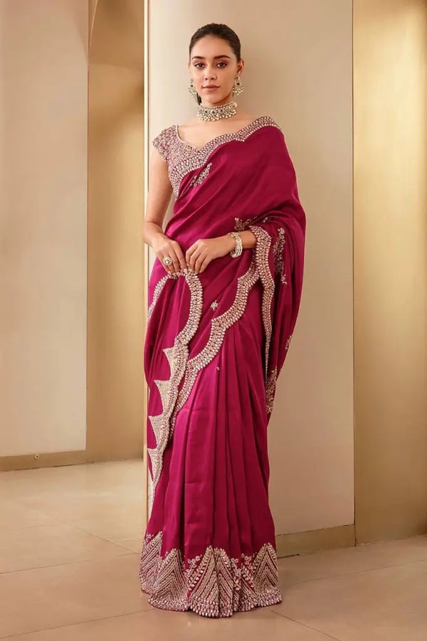 Maroon Vichitra Silk Embroidered Saree