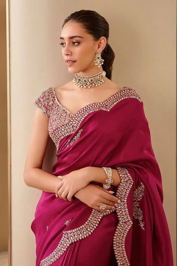 Maroon Vichitra Silk Saree Scallop Border