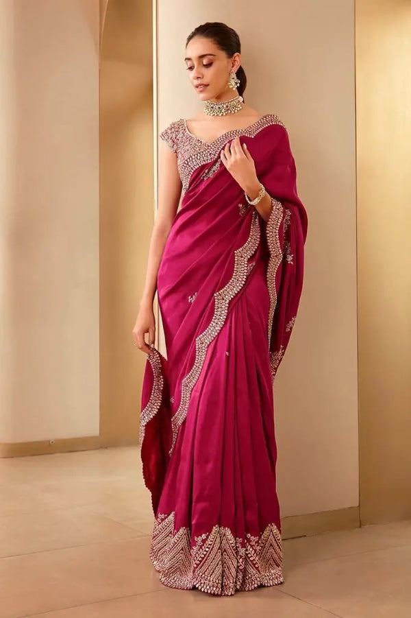 Maroon Vichitra Silk Saree Detailed Embroidery