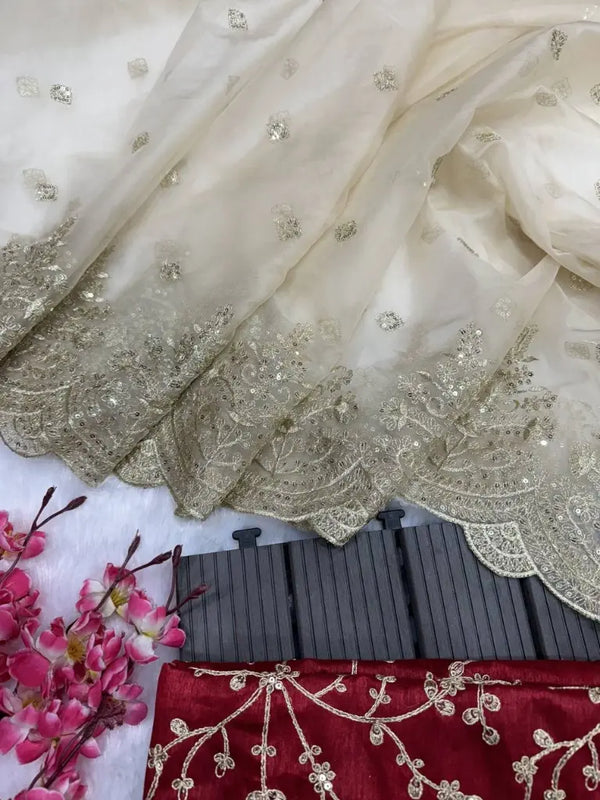 Full set organza silk saree with red blouse flatlay