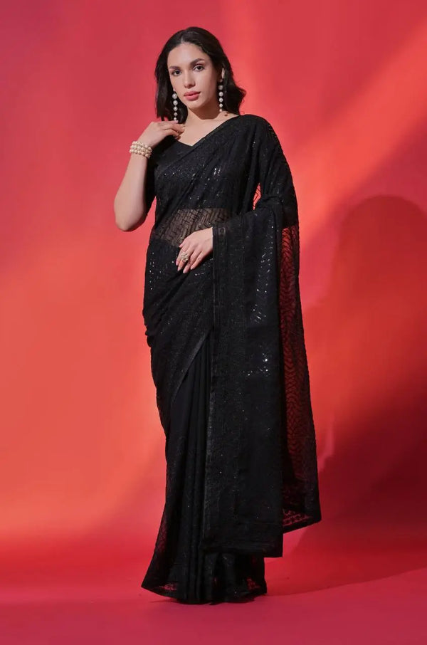 Black Georgette Saree with Sequins & Embroidery for Party & Cocktail