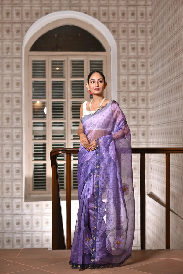 Elegant lavender saree with diamond embellishment & gota border