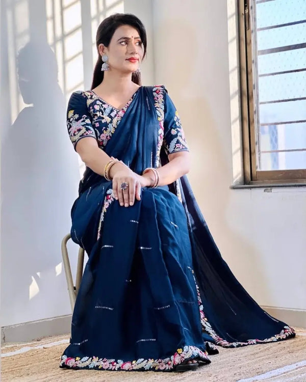 Premium Chiffon Saree with Embroidery & Designer Blouse | BharatPlaza