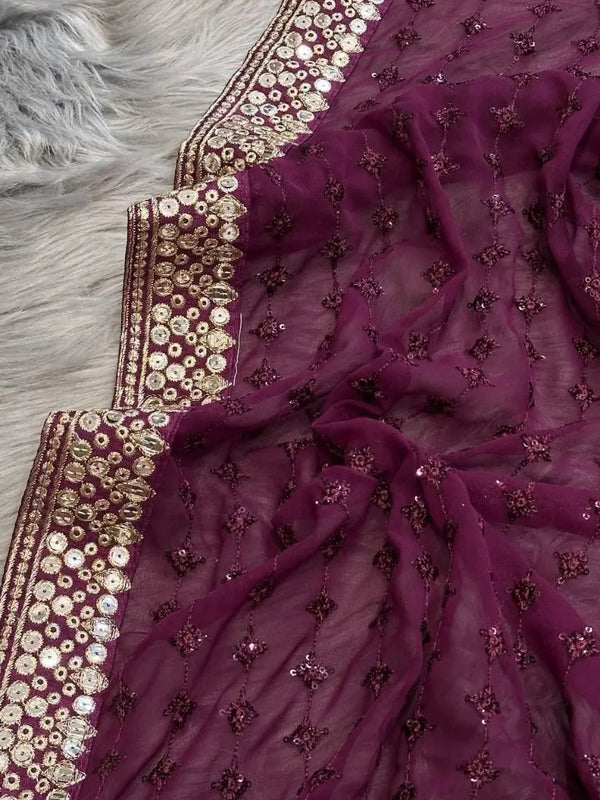 Red Bollywood saree fabric with sequins and thread embroidery work