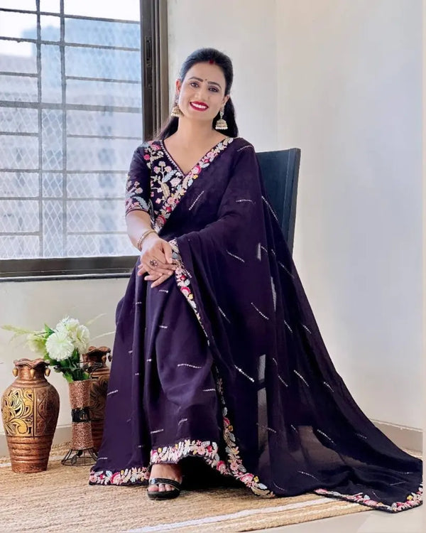 Premium Chiffon Saree with Embroidery & Designer Blouse | BharatPlaza