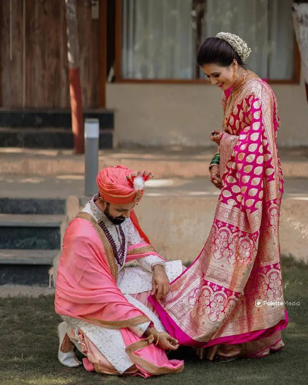 Rani Pink Soft Lichi Silk Saree with Rich Golden Zari Jacquard Weaving