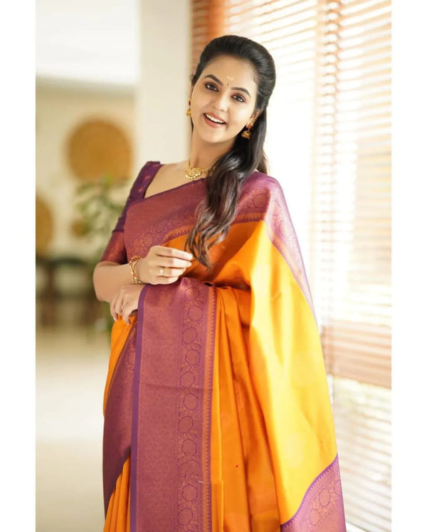 Mustard Yellow & Purple Soft Lichi Silk Saree with Copper Zari Jacquard Weaving