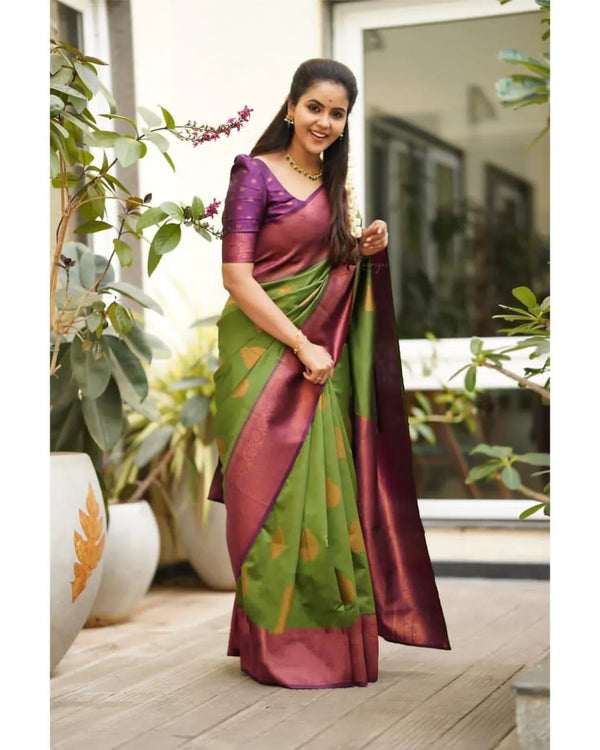 Bottle Green & Maroon Soft Lichi Silk Saree with Copper Zari Jacquard Weaving