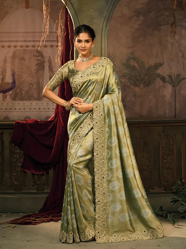 Luxury Pista Green Silk Saree with Cutdana Moti Work Bride Collection Zurich