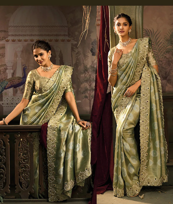Designer Pista Wedding Saree with Jari Emerald Embroidery Singapore Celebration
