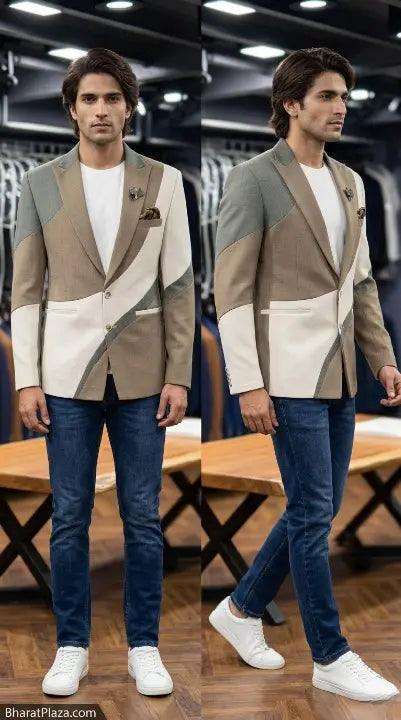 beige imported polyester blazer for men trendy college party wear casual fashion bharatplaza